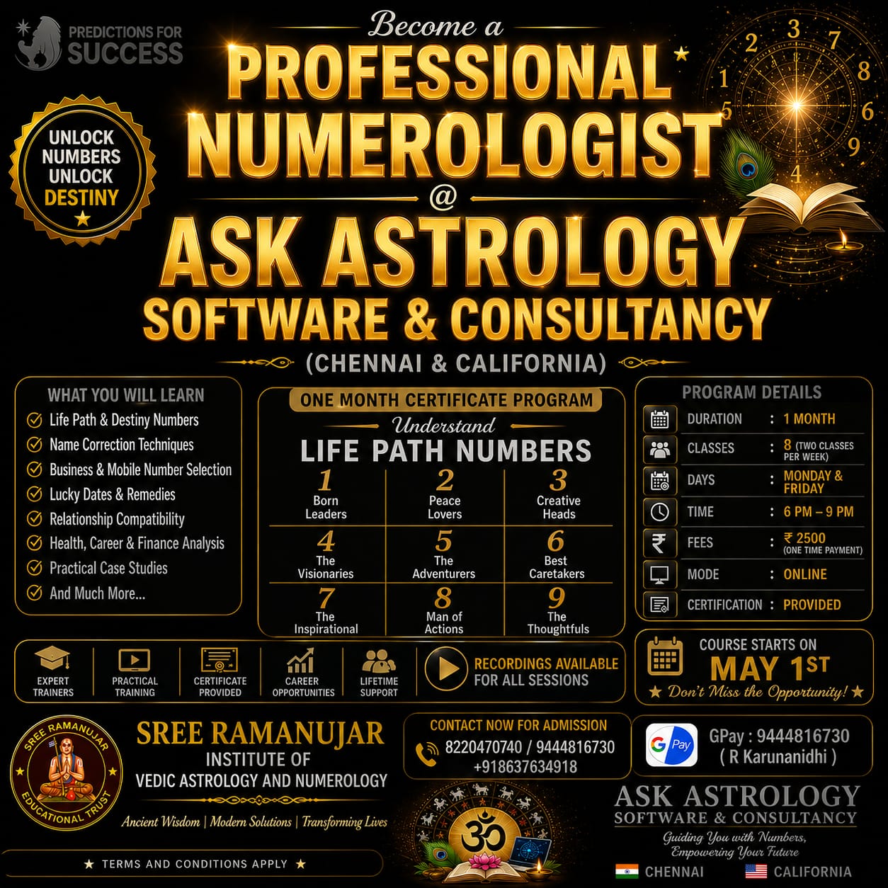 Numerology Course — May 2026 | Sri Ramanujar Astrology Institute